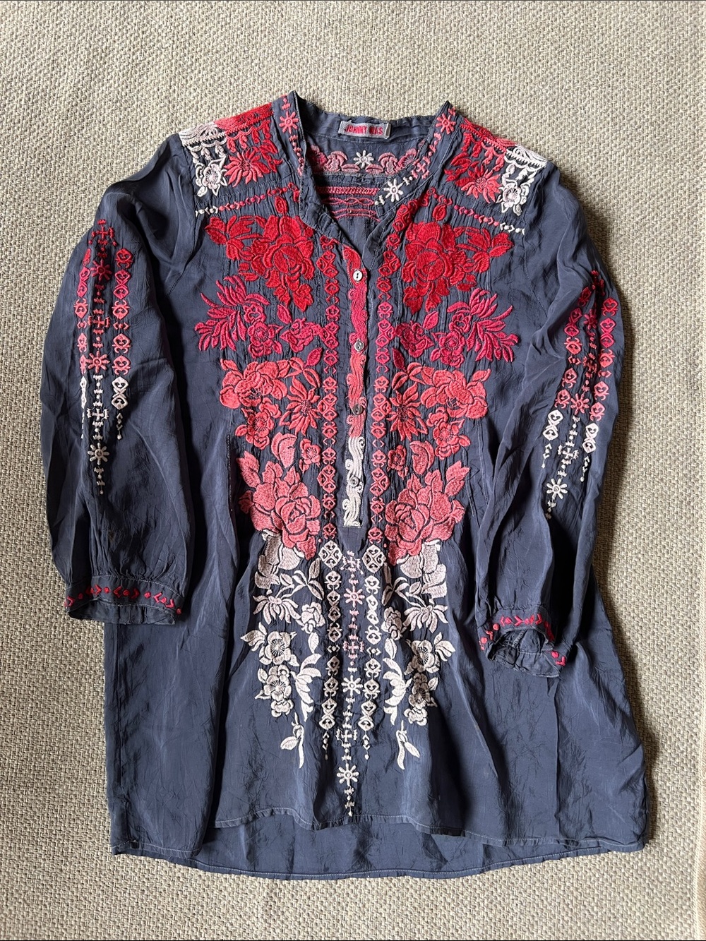 Johnny Was Grey Blue Tunic with Red & Cream Ombre Embroidery